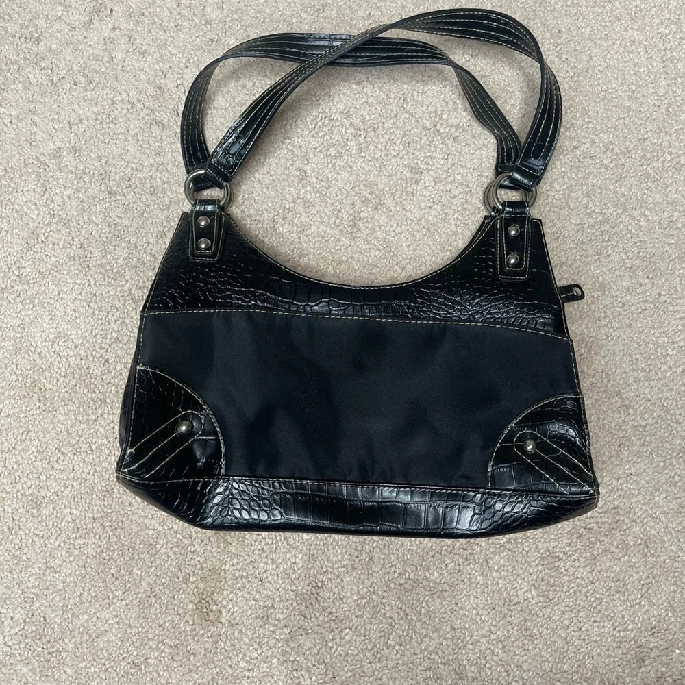 Black Crescent Shoulder Bag with Textured Trim